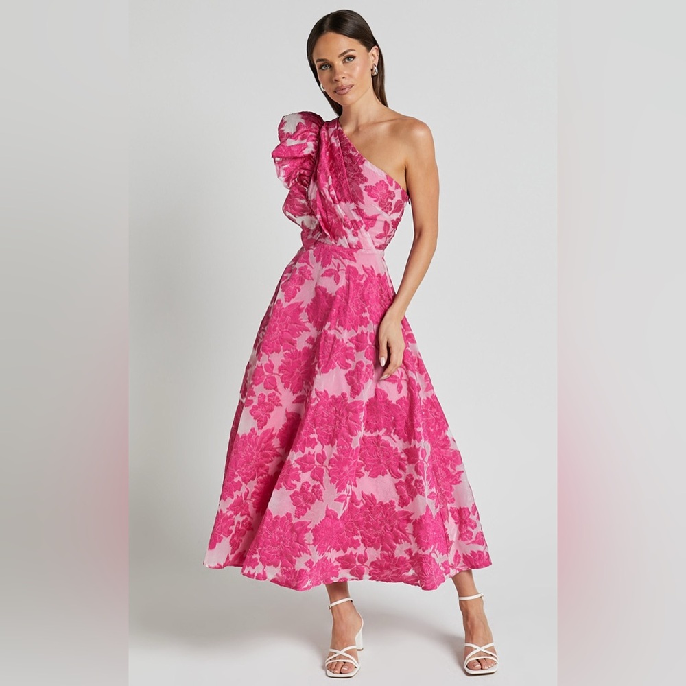 Showpo Pink Asymmetrical Ruffled Gown
